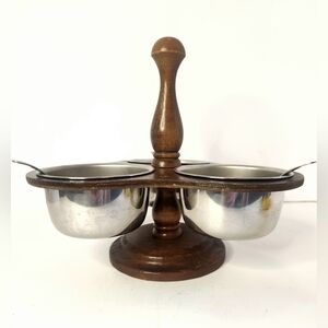 Server 3 Bowls Wood Caddy Holder Metal Spoon Condiments and Dips Vintage
